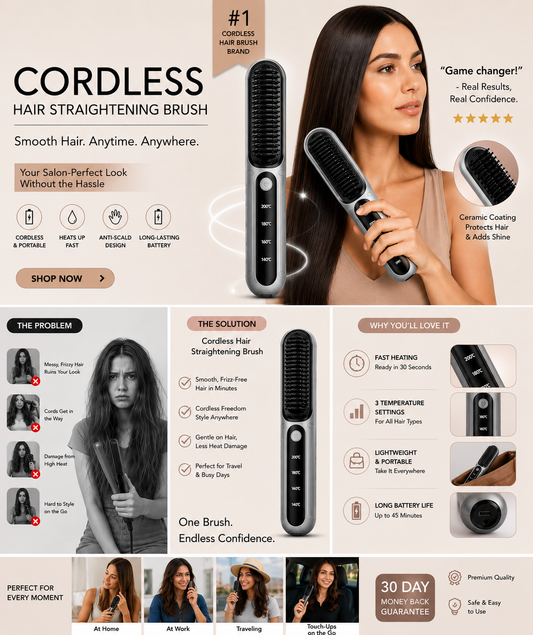 Easy-to-use cordless hair straightening brush